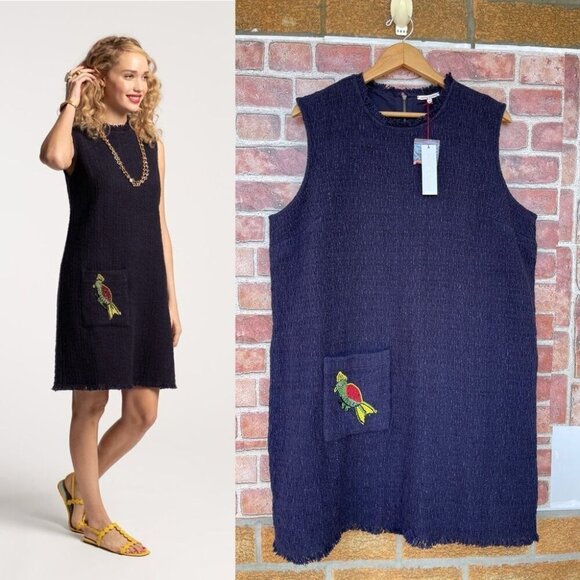 FRANCES VALENTINE Twiggy Fringe Dress Cotton Boucle Navy size 1 X - Picture 2 of 16